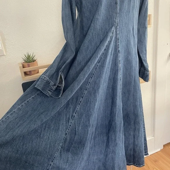 ZARA The Tilda Denim Blue Cotton Maxi Dress Raw Hem Long Sleeves Medium - Picture 7 of 8